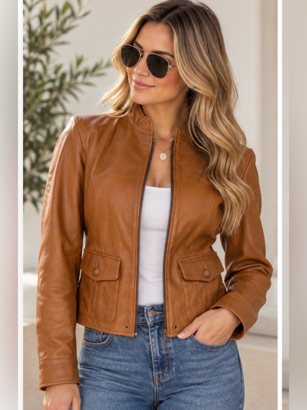 Women’s size L vintage Cognac Leather Zip Jacket